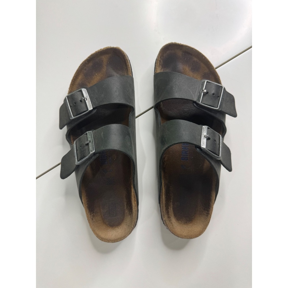 Birkenstock Arizona Oiled Leather Sandals Gray Black Two Strap Slides size 41